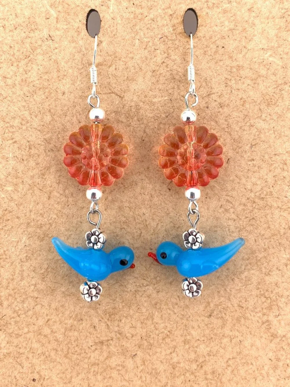 BLUEBIRD Orange Flower Lampwork Glass Bead Handmade Earrings LR213